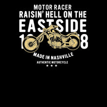 Motor Racer Raisin Hell On The East Side- christian biker t shirts_cool biker t shirts_biker trash t shirts_biker t shirts_biker t shirts women's_bike week t shirts_motorcycle t shirts mens_biker chick t shirts_motorcycle t shirts funny